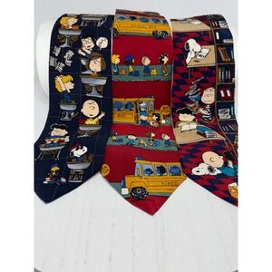 Lot of  3 Peanuts Snoopy Charlie Brown School Bus Classroom Graphic Neck Tie